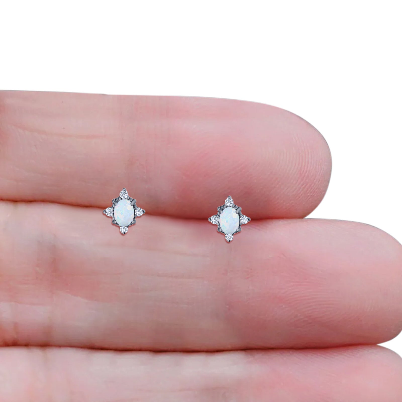 Floral Oval Stud Earring Lab Created White Opal  925 Sterling Silver