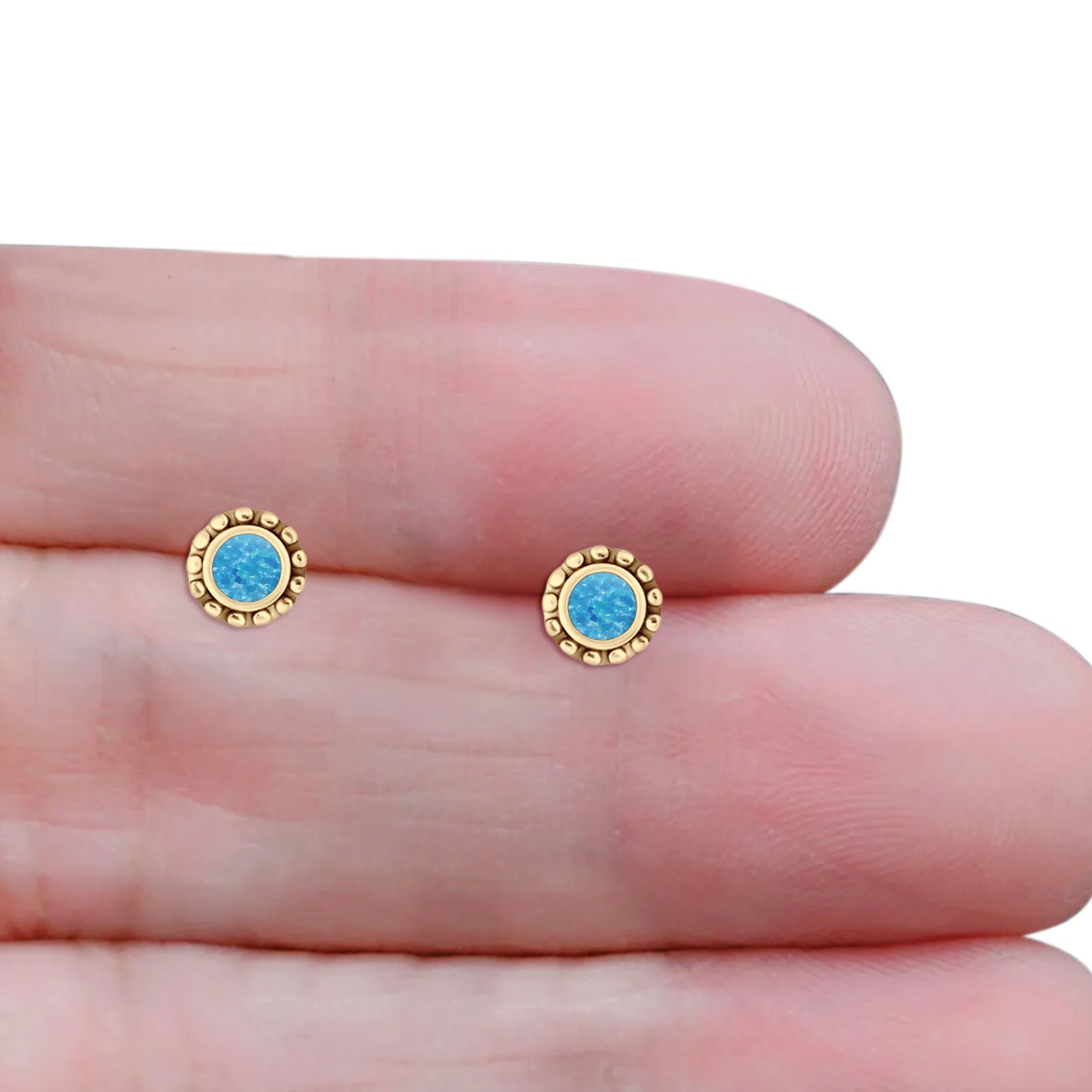 Round Beaded 7.2mm Lab Created Opal Stud Earring Oxidized 925 Sterling Silver