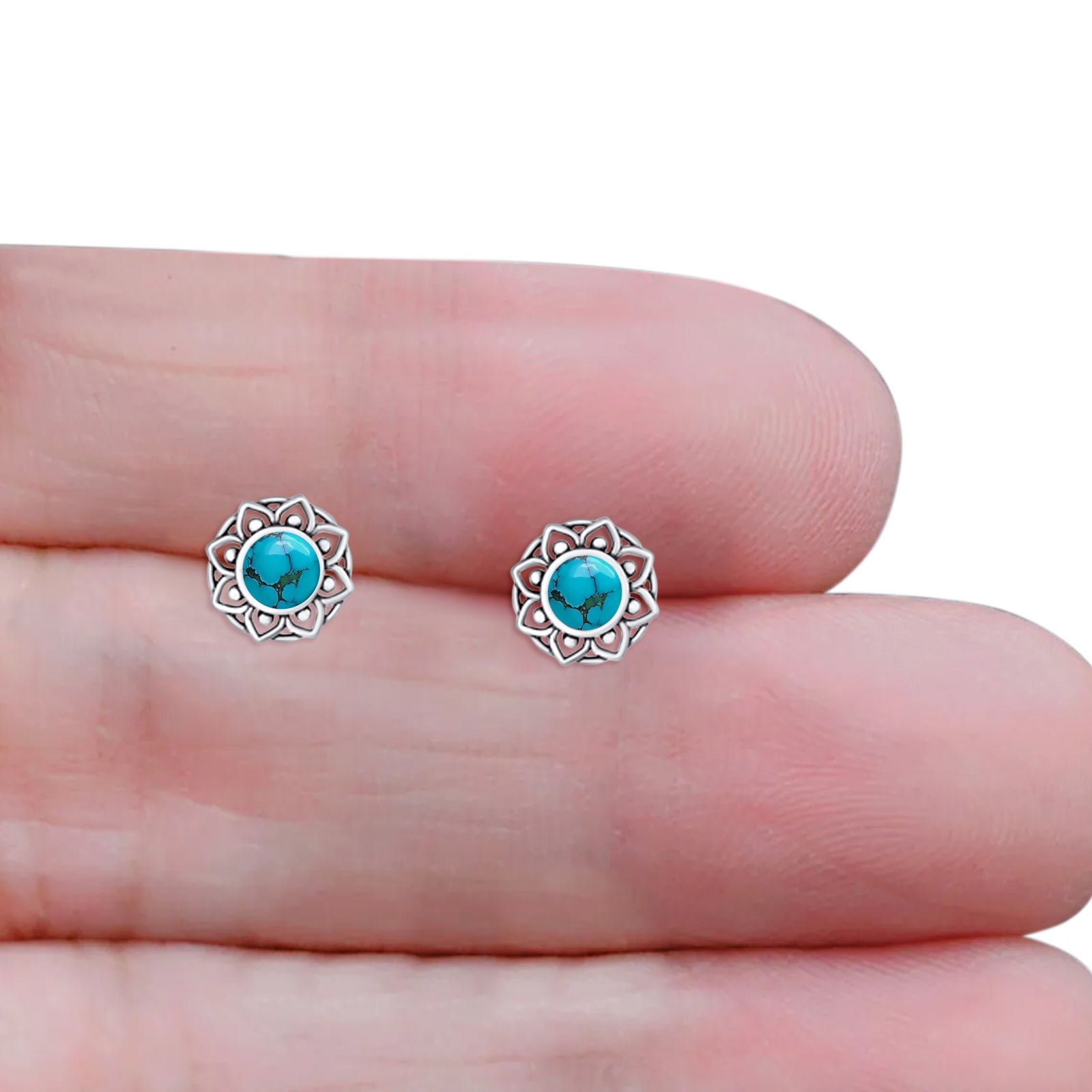 Sunflower Stud Earring 8.8mm Lab Created Opal Oxidized 925 Sterling Silver