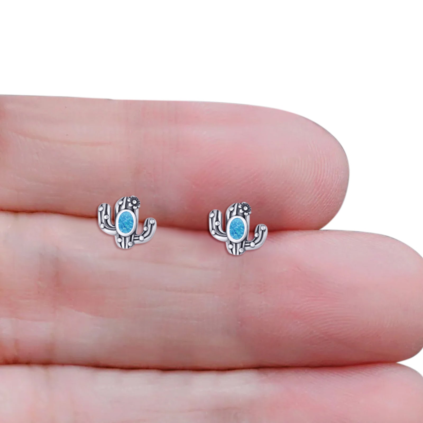 Cactus Stud Earring 8mm Oxidized Lab Created Opal 925 Sterling Silver