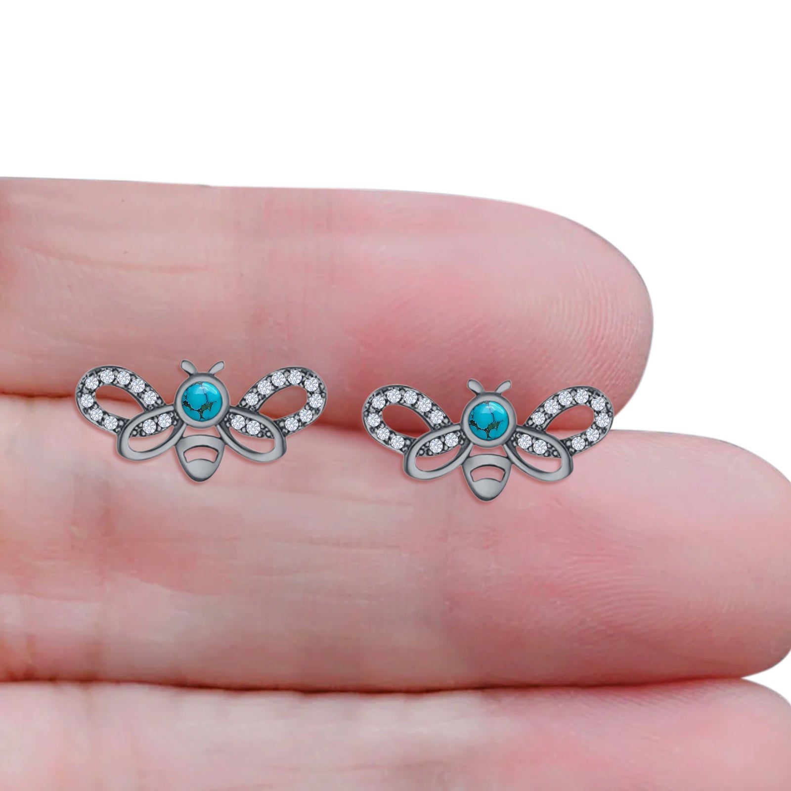 Bee Butterfly Stud Earring Lab Created Opal Push Back 925 Sterling Silver