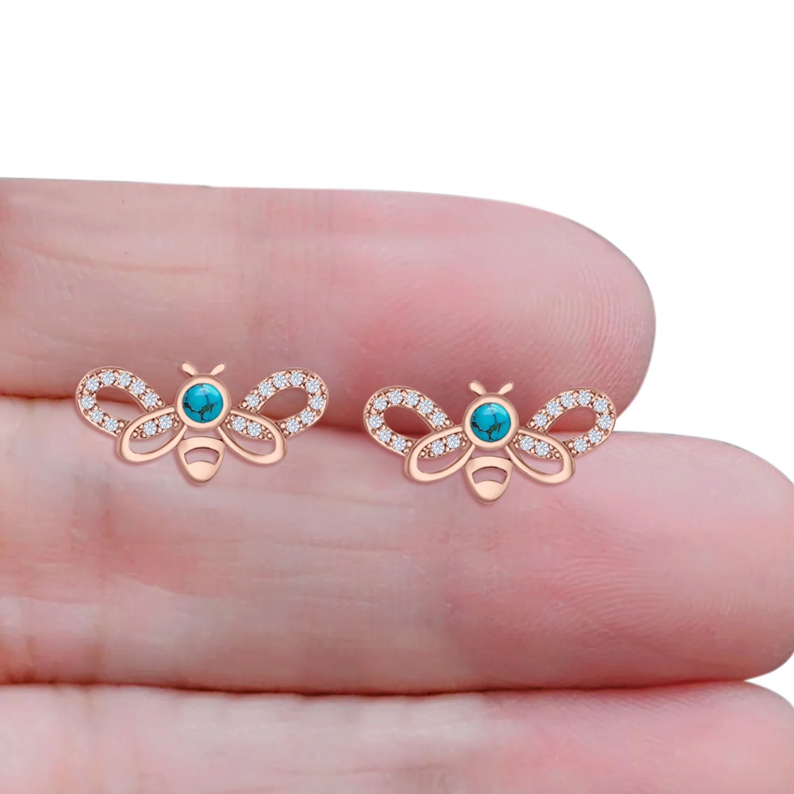 Bee Butterfly Stud Earring Lab Created Opal Push Back 925 Sterling Silver