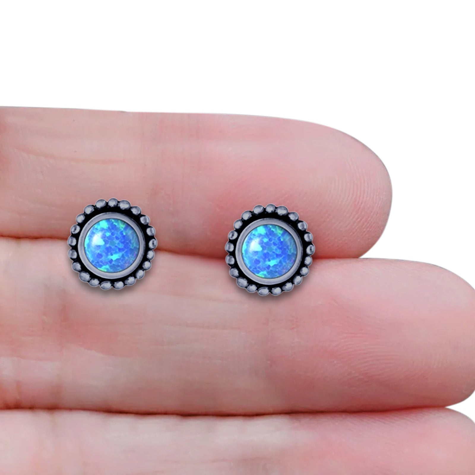 Round Lab Created Opal Beaded Oxidized Stud Earring 925 Sterling Silver