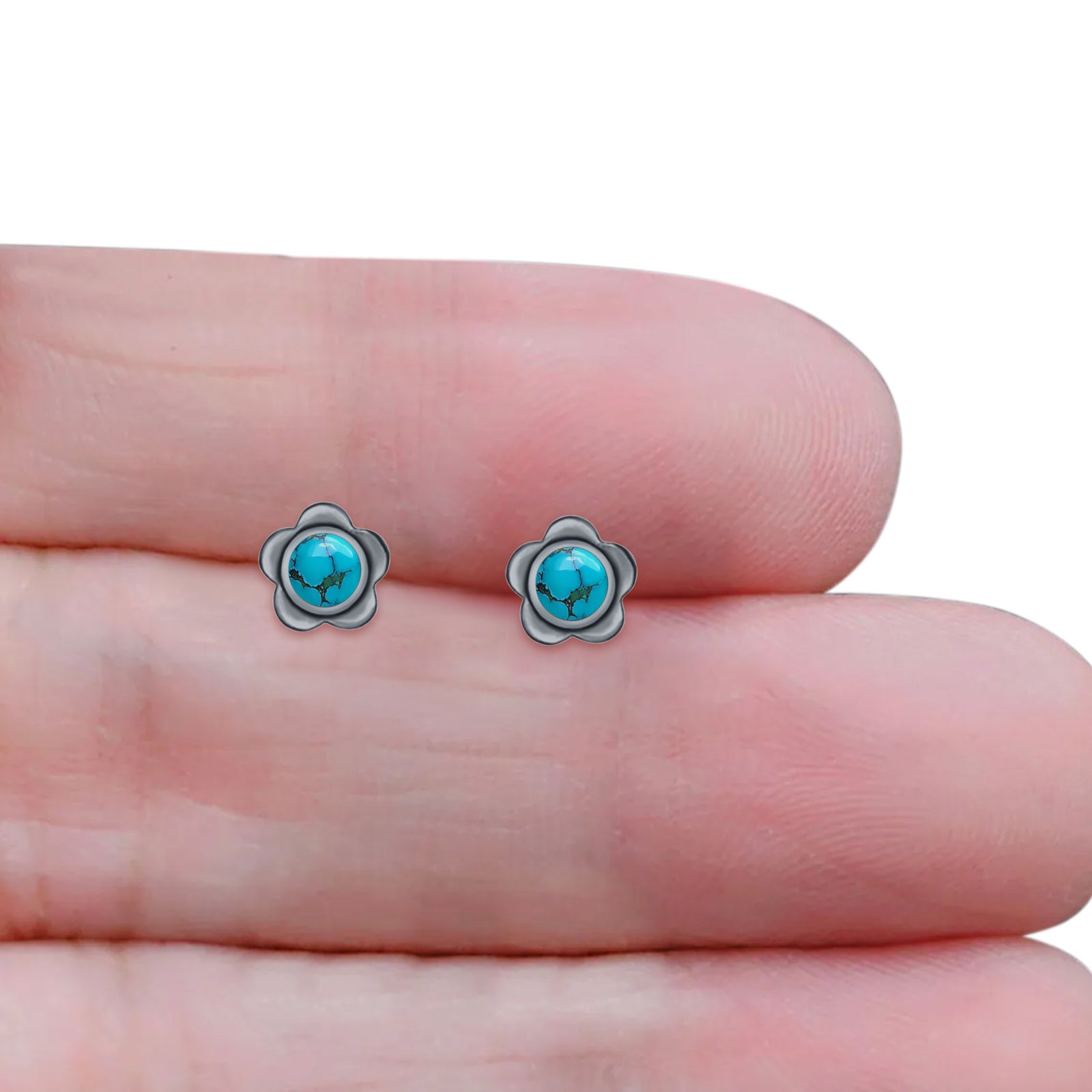 Flower 7.5mm Round Lab Created Opal Floral Stud Earring Oxidized 925 Sterling Silver