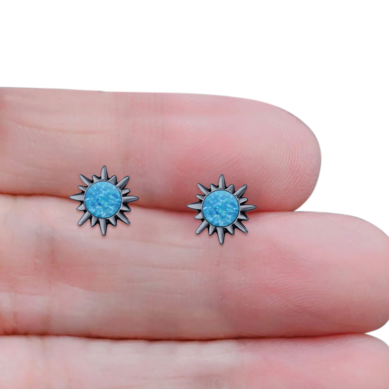 Sunflower 11mm Round Lab Created Opal Stud Earring Star Oxidized 925 Sterling Silver