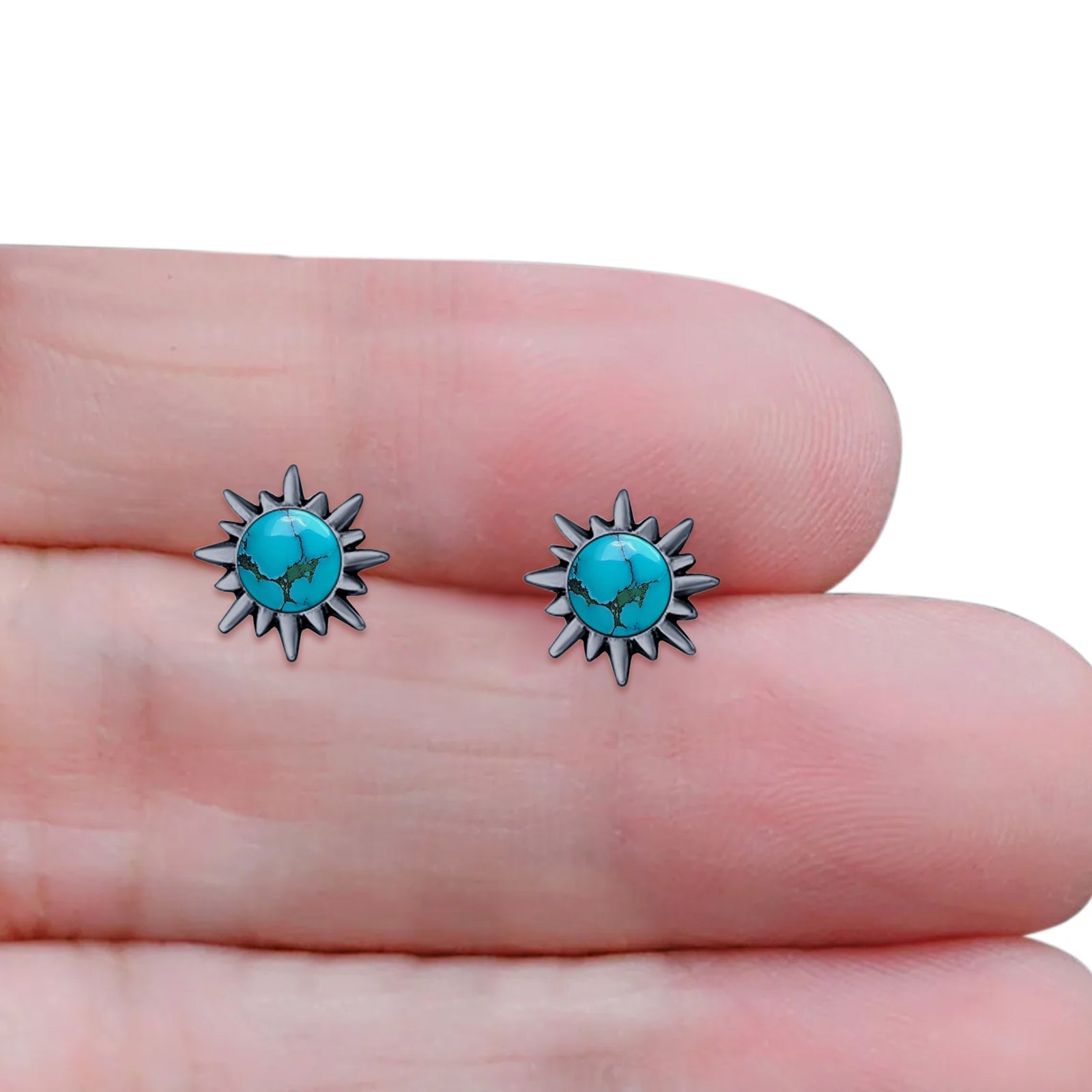 Sunflower 11mm Round Lab Created Opal Stud Earring Star Oxidized 925 Sterling Silver
