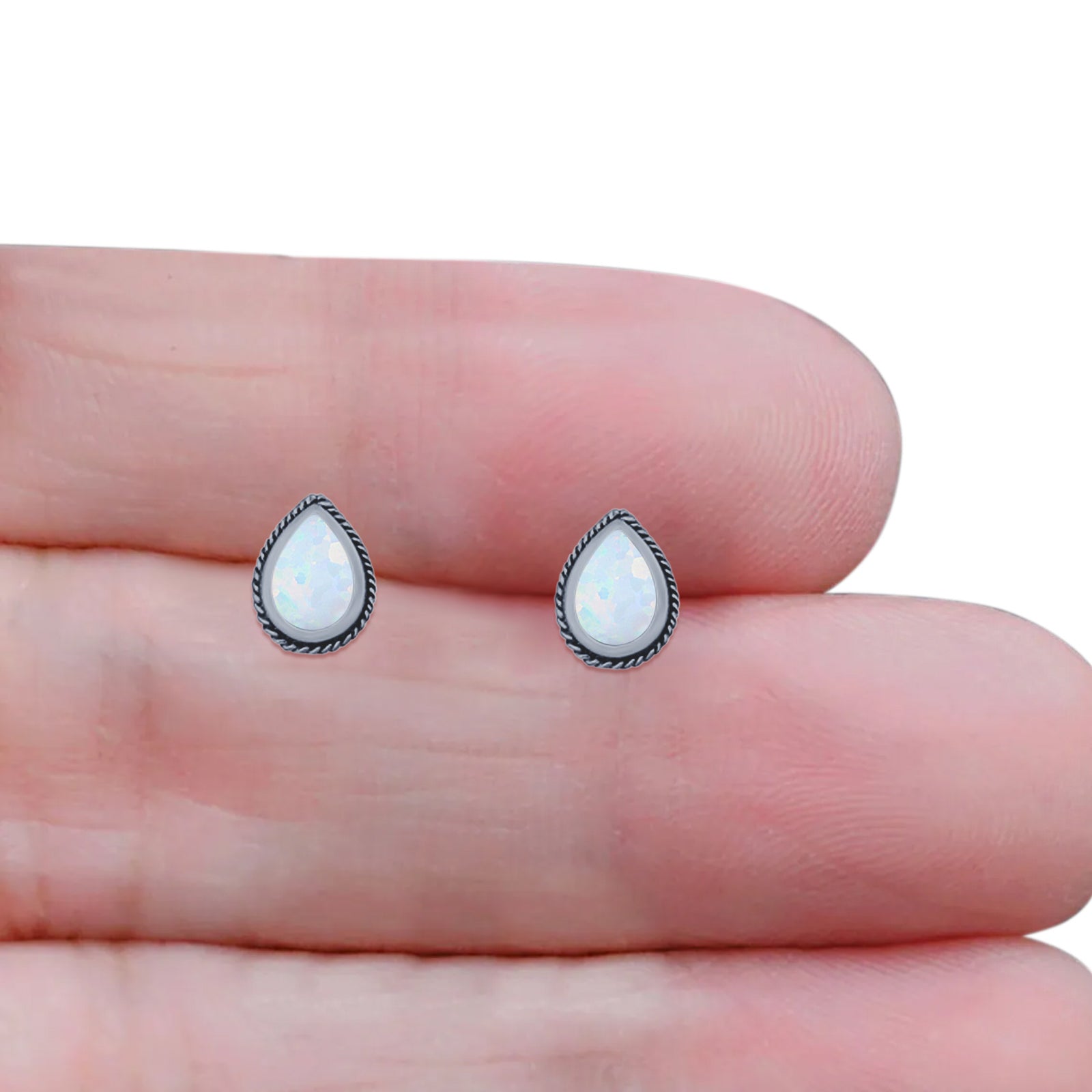 Pear Teardrop Twisted Rope Lab Created Opal Stud Earring Oxidized 925 Sterling Silver