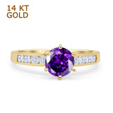 14K Yellow Gold Round Amethyst CZ Cathedral Ring