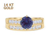 14K Yellow Gold Two Piece Half Eternity Band Round Lab Alexandrite Cathedral Ring