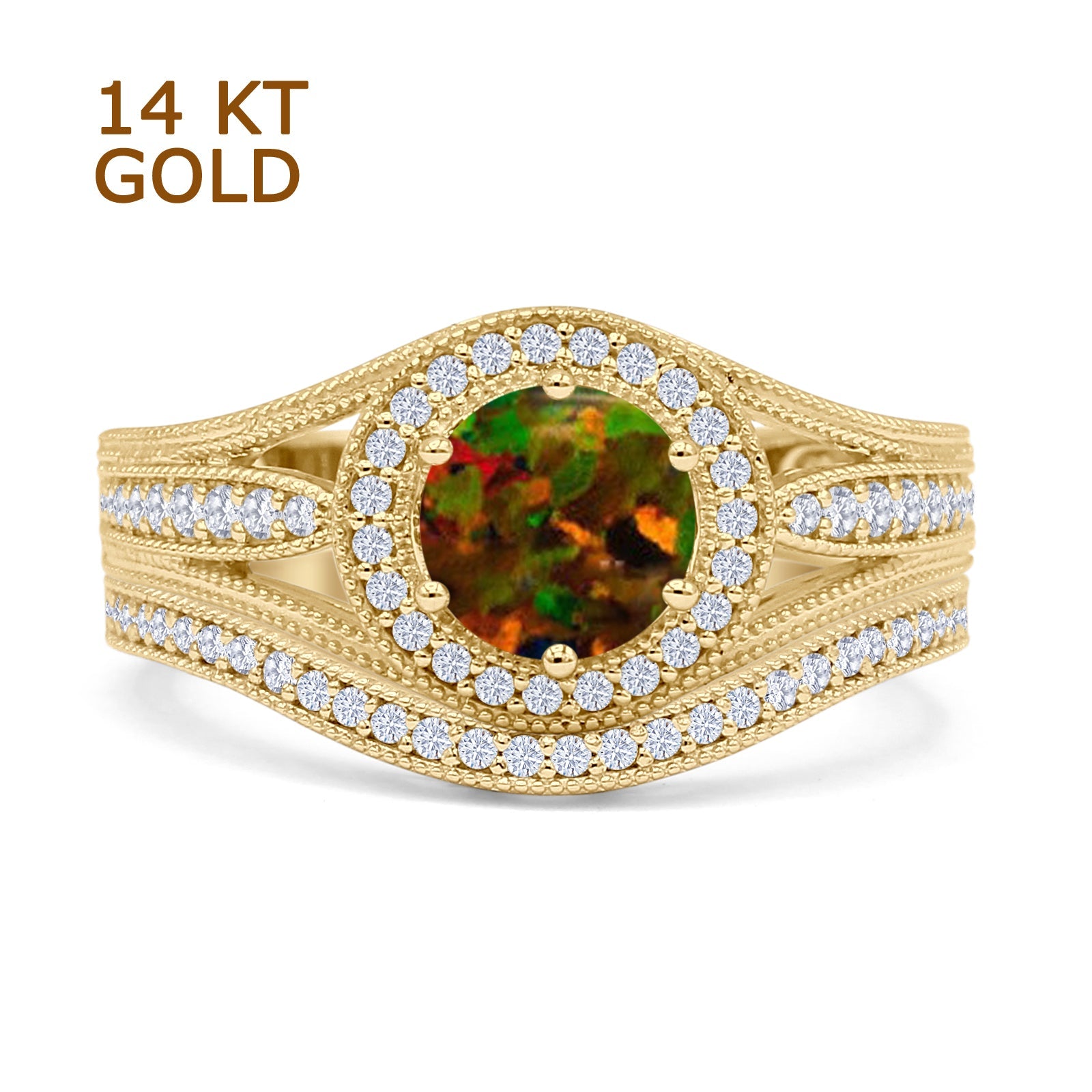 Two Piece Round Halo Split Shank Beaded Gold Ring