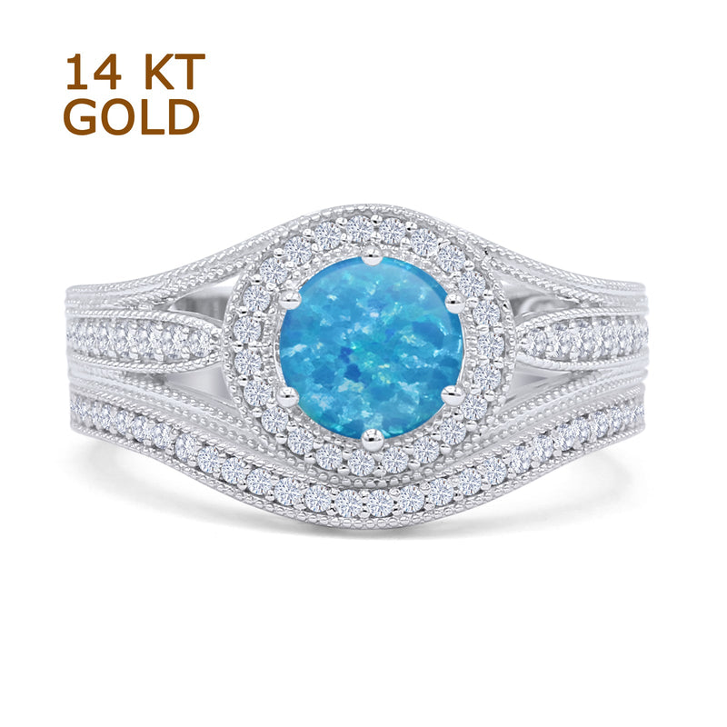Two Piece Round Halo Split Shank Beaded Gold Ring