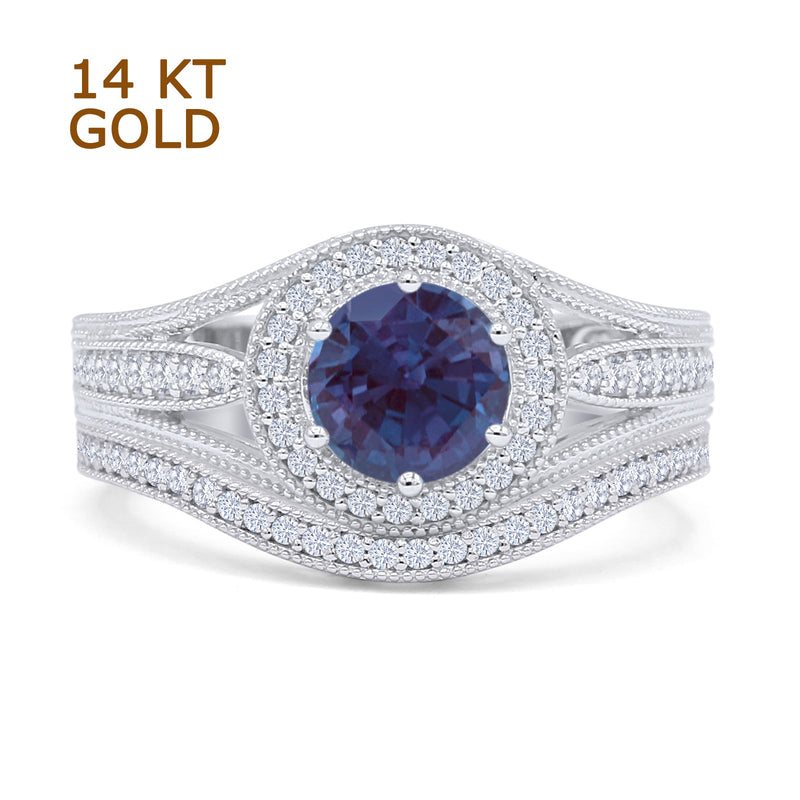 Two Piece Round Halo Split Shank Bridal Gold Ring