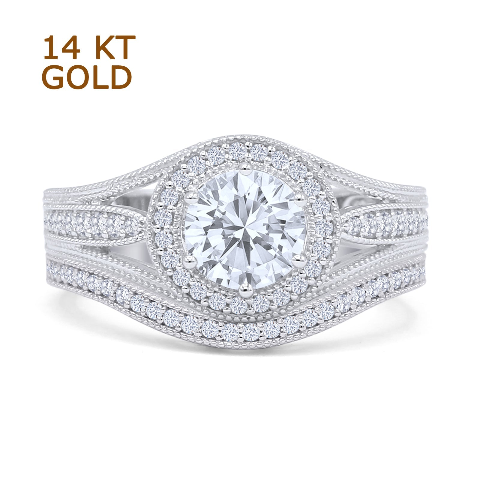 Two Piece Round Halo Split Shank Bridal Gold Ring