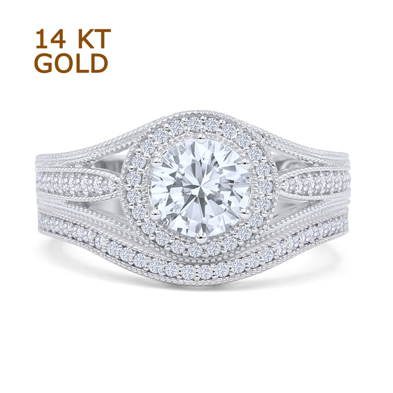 Two Piece Round Halo Split Shank Bridal Gold Ring