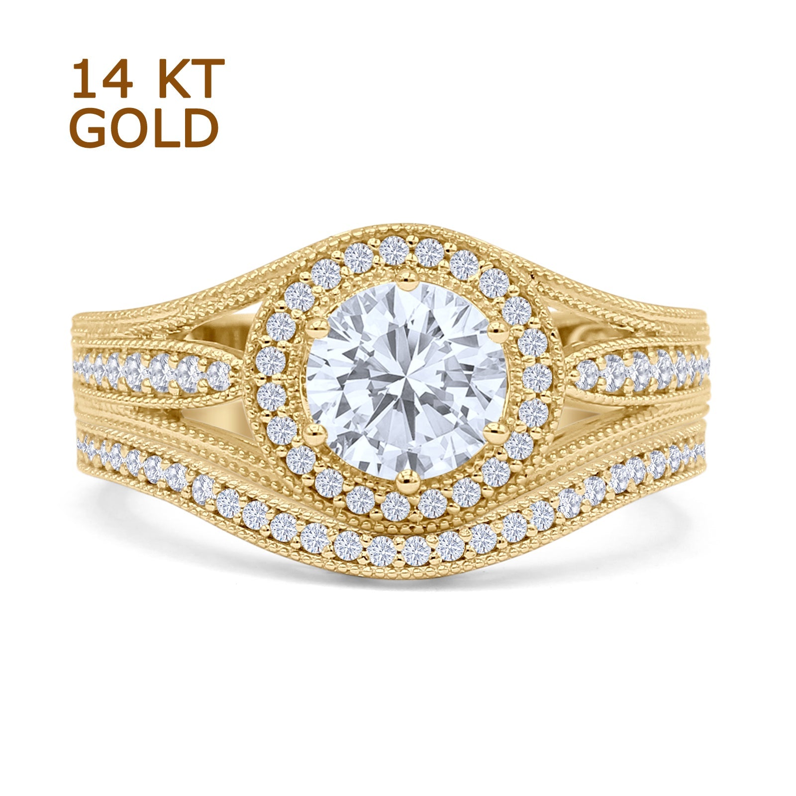 Two Piece Round Halo Split Shank Bridal Gold Ring