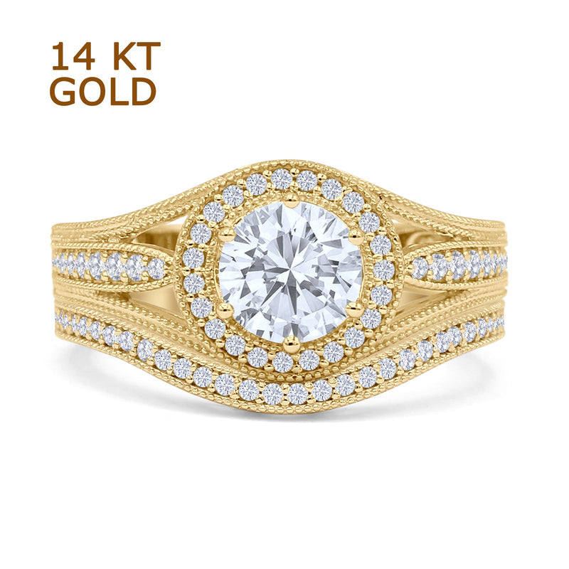 Two Piece Round Halo Split Shank Bridal Gold Ring