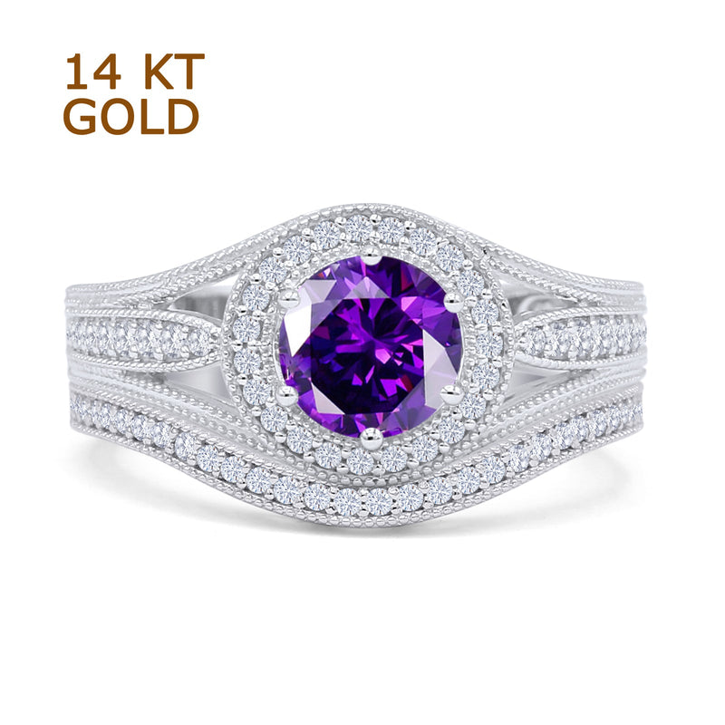 Two Piece Round Halo Split Shank Bridal Gold Ring