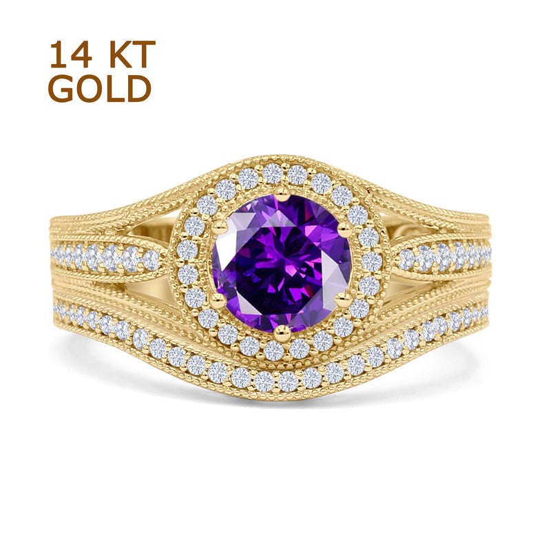 Two Piece Round Halo Split Shank Bridal Gold Ring