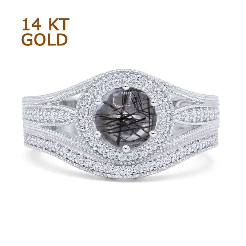 Two Piece Round Halo Split Shank Bridal Gold Ring
