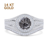 14K White Gold Two Piece Round Halo Split Shank Curved Contour Band Natural Rutilated Quartz Ring