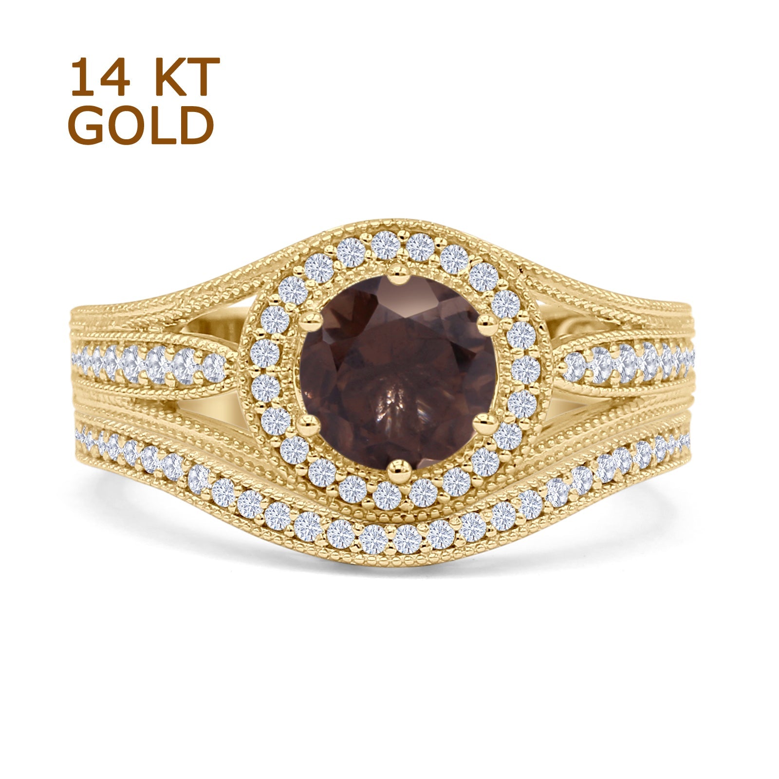 Two Piece Round Halo Split Shank Bridal Gold Ring