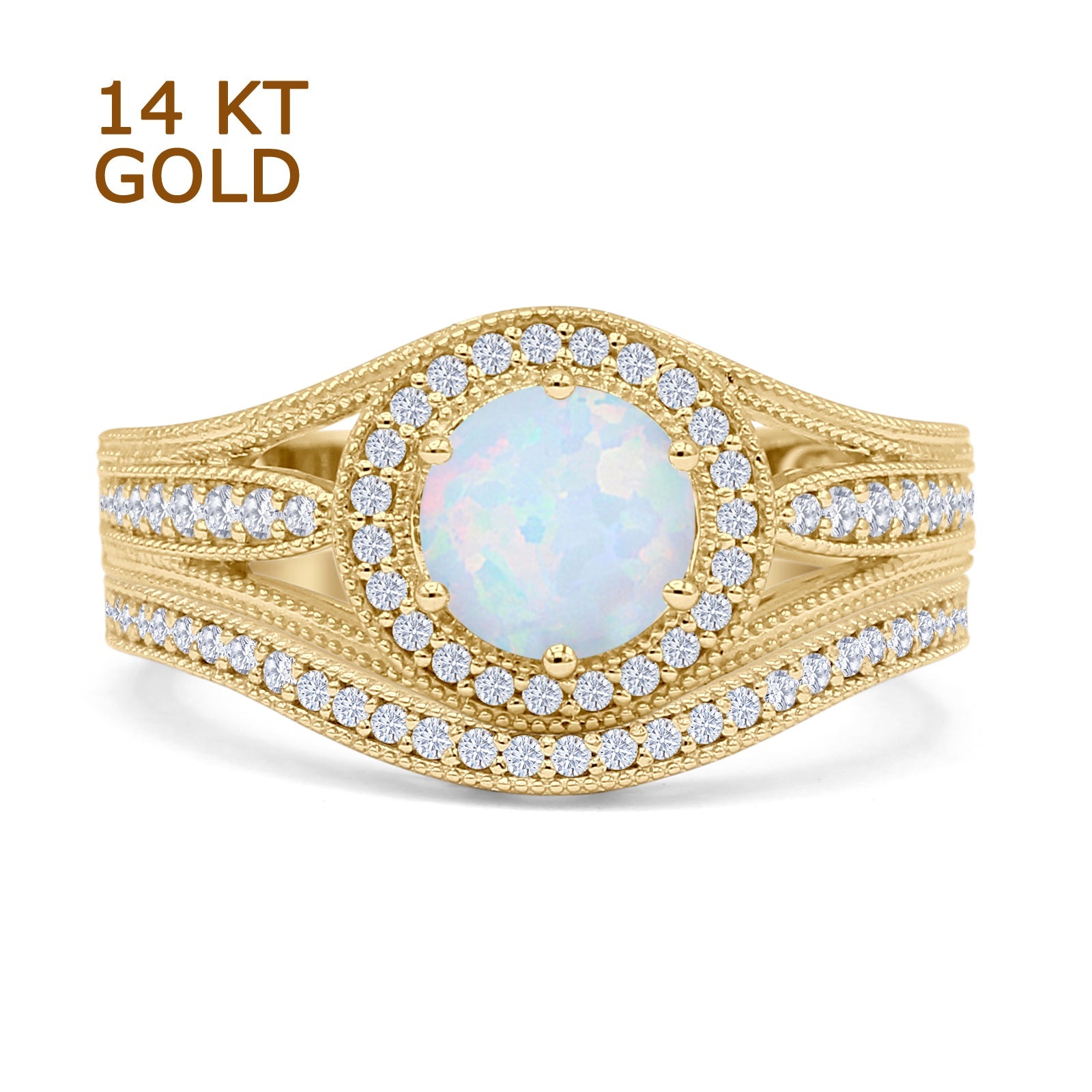Two Piece Round Halo Split Shank Beaded Gold Ring