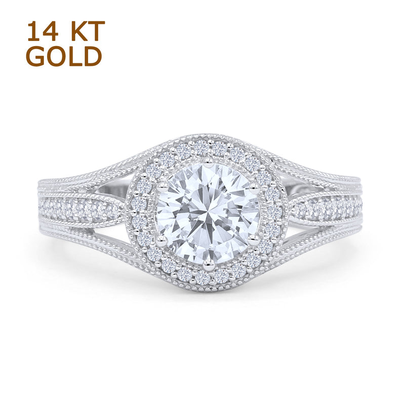 Round Halo Split Shank Bridal Gold Ring