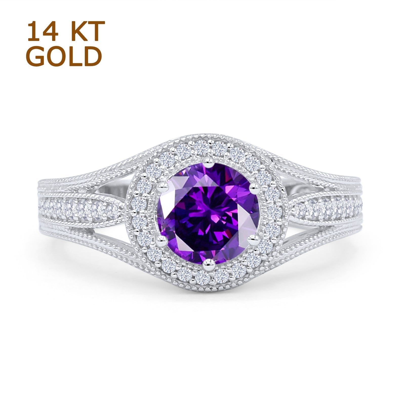Round Halo Split Shank Bridal Gold Ring