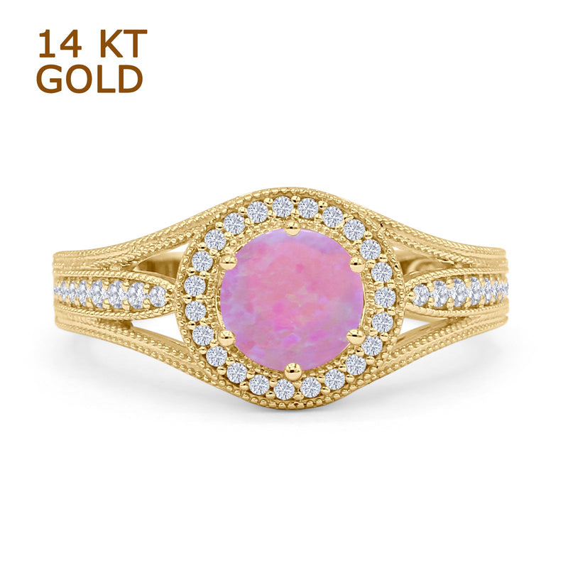 Round Halo Split Shank Beaded Gold Ring