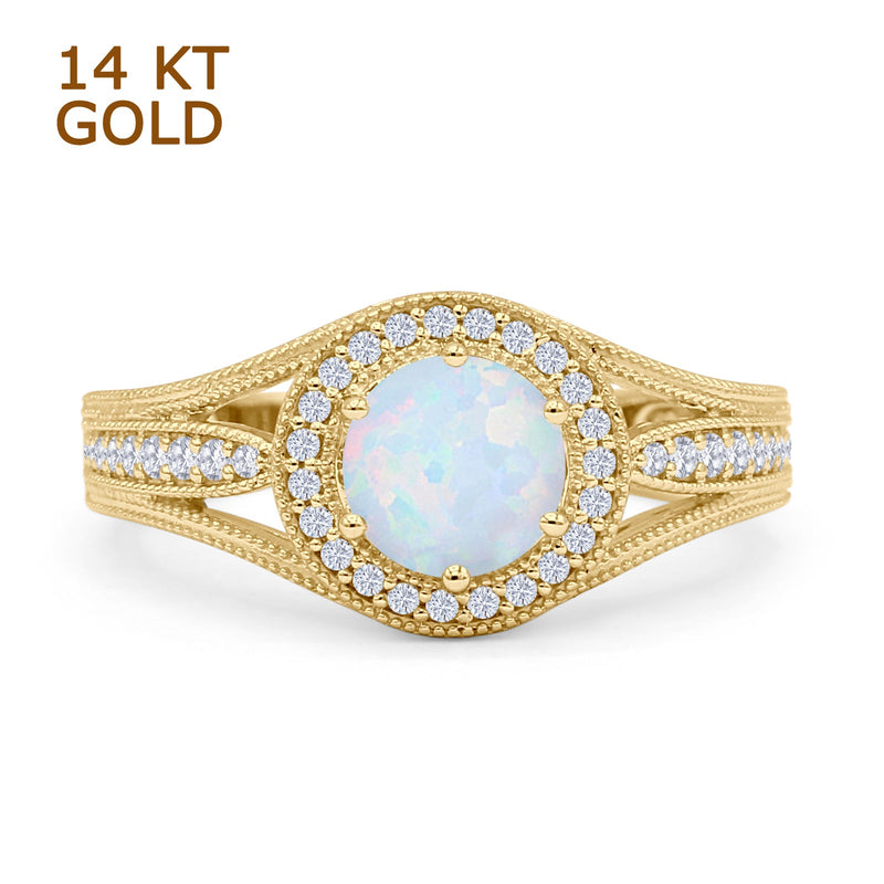 Round Halo Split Shank Beaded Gold Ring