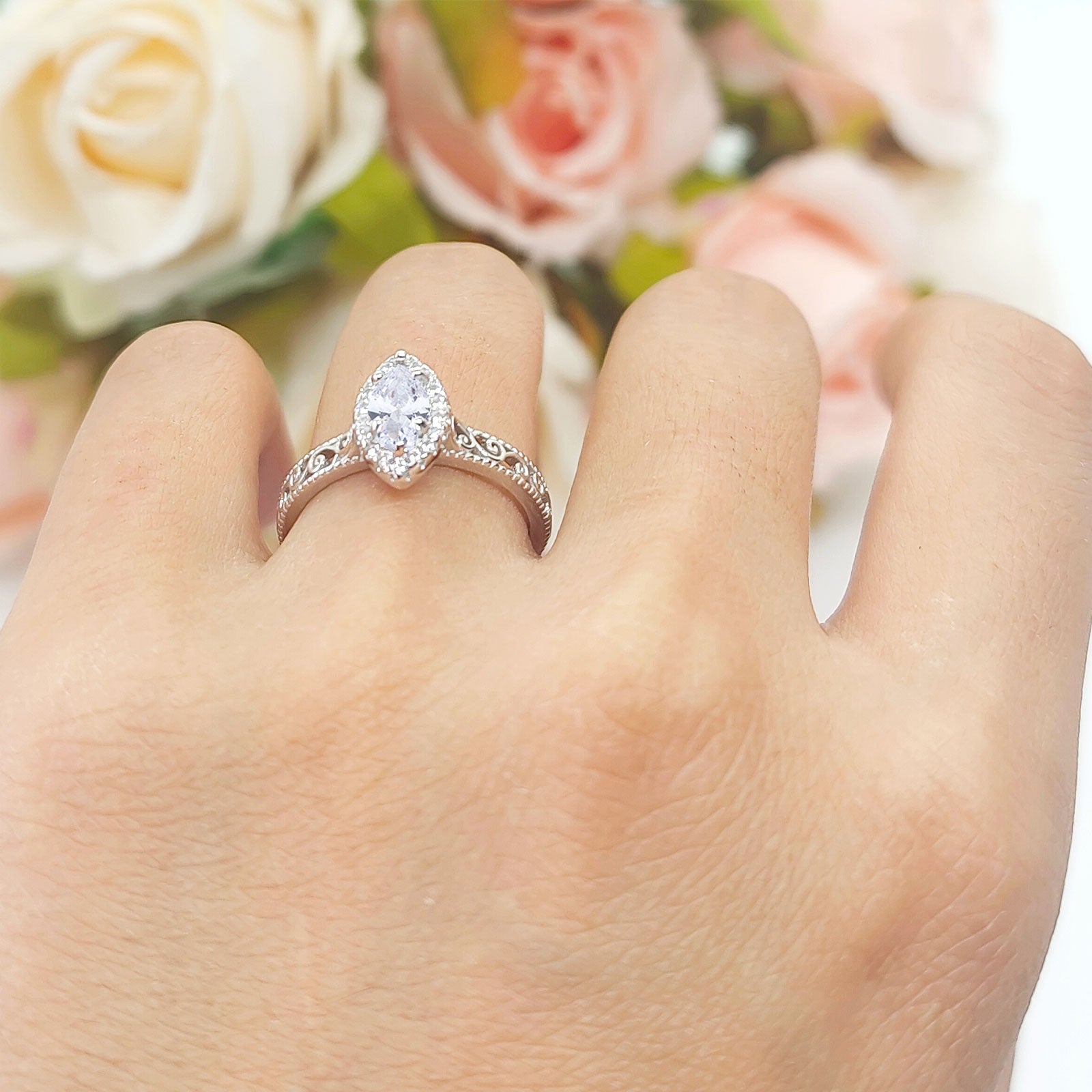 Marquise Halo Filigree Ring