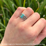 Art Deco 12mm Oval Turquoise Oxidized Filigree Ring 925 Sterling Silver