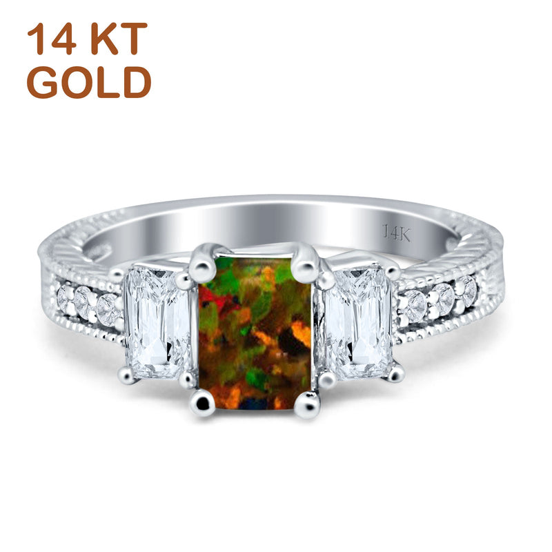 Three Stone Round & Emerald Cut CZ Gold Ring