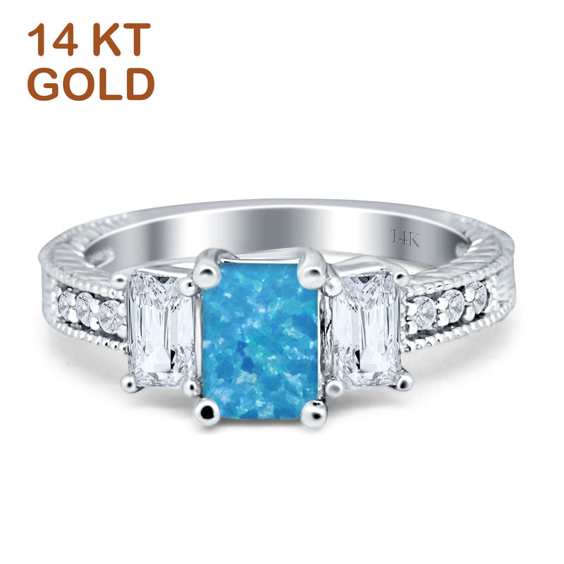Three Stone Round & Emerald Cut CZ Gold Ring