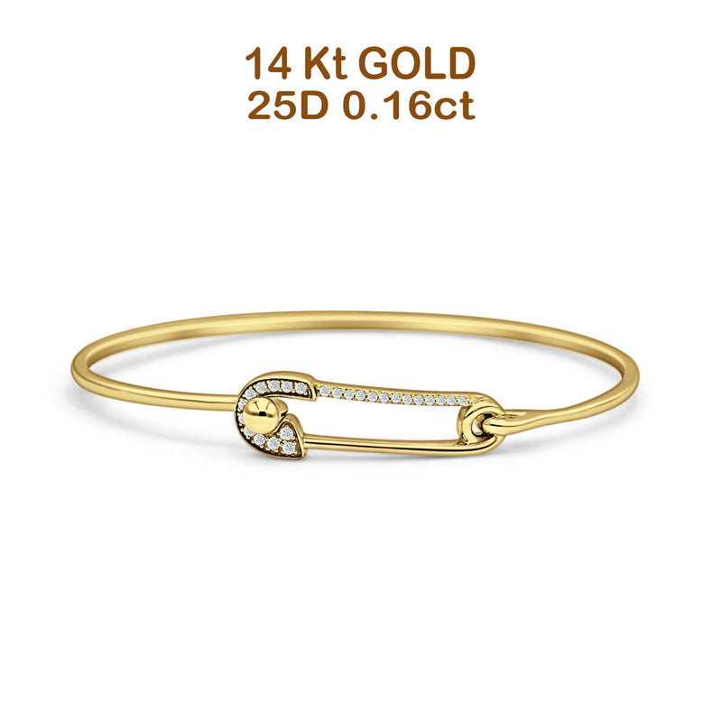 14K Gold 7In Safety Pin Bangle Bracelet 2.02mm Round Natural Diamond