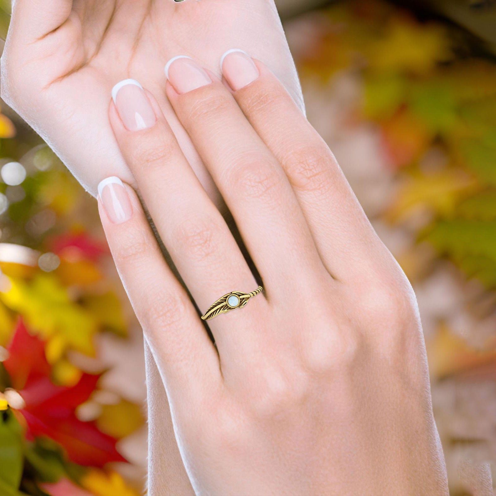 Minimalist 5.3mm Round Lab Created White Opal Feather Ring Oxidized 925 Sterling Silver