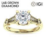 14K Gold IGI Certified Round 3 Carat Lab Grown Diamond Art Deco Beaded Ring