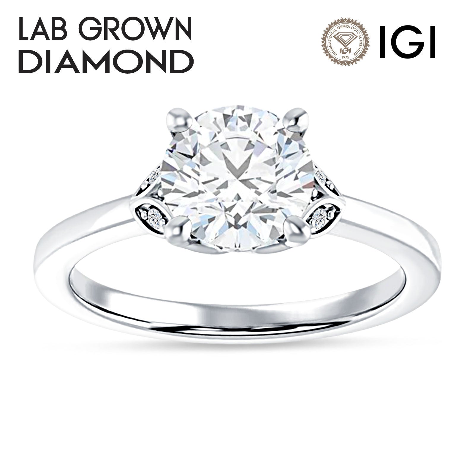 14K Gold IGI Certified Round 1 Carat Lab Grown Diamond Leaf Floral Ring