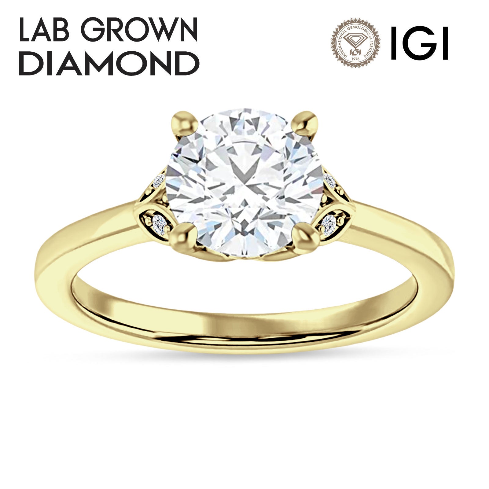 14K Gold IGI Certified Round 1 Carat Lab Grown Diamond Leaf Floral Ring