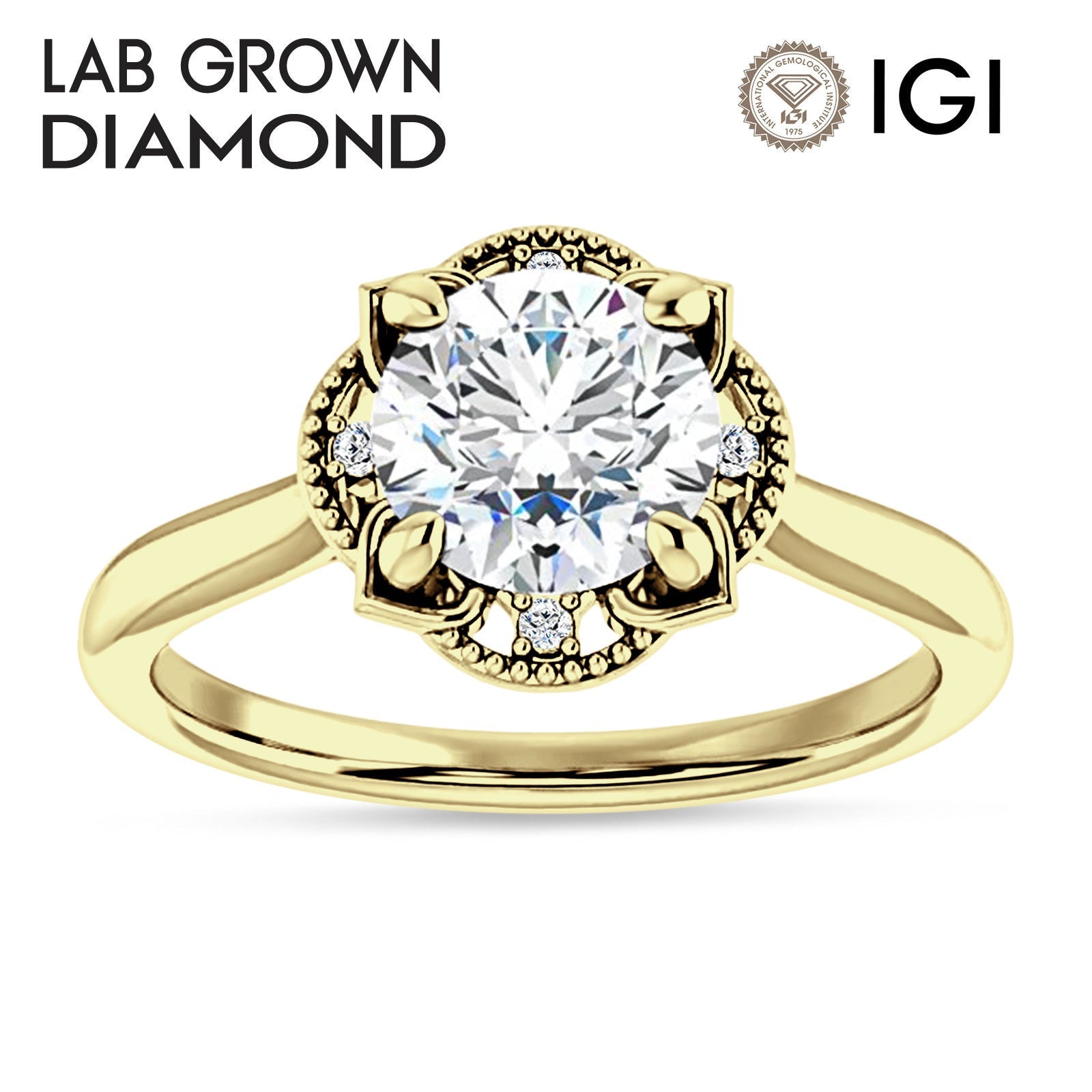 IGI Certified Round 1 Carat Lab Grown Diamond Art Deco Floral Ring