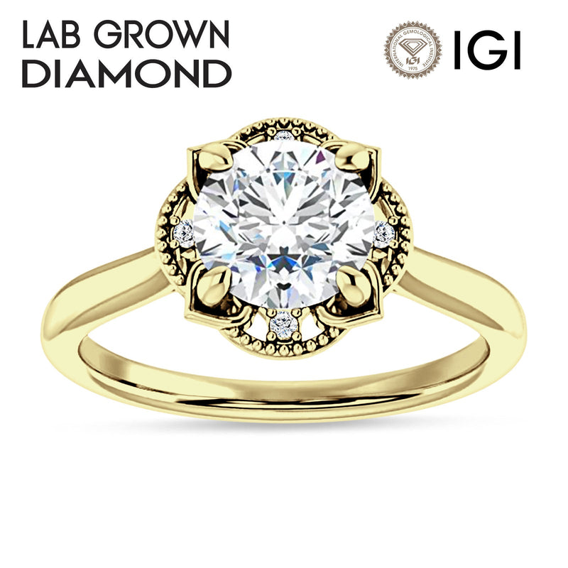 14K Gold IGI Certified Round 1 Carat Lab Grown Diamond Art Deco Floral Ring
