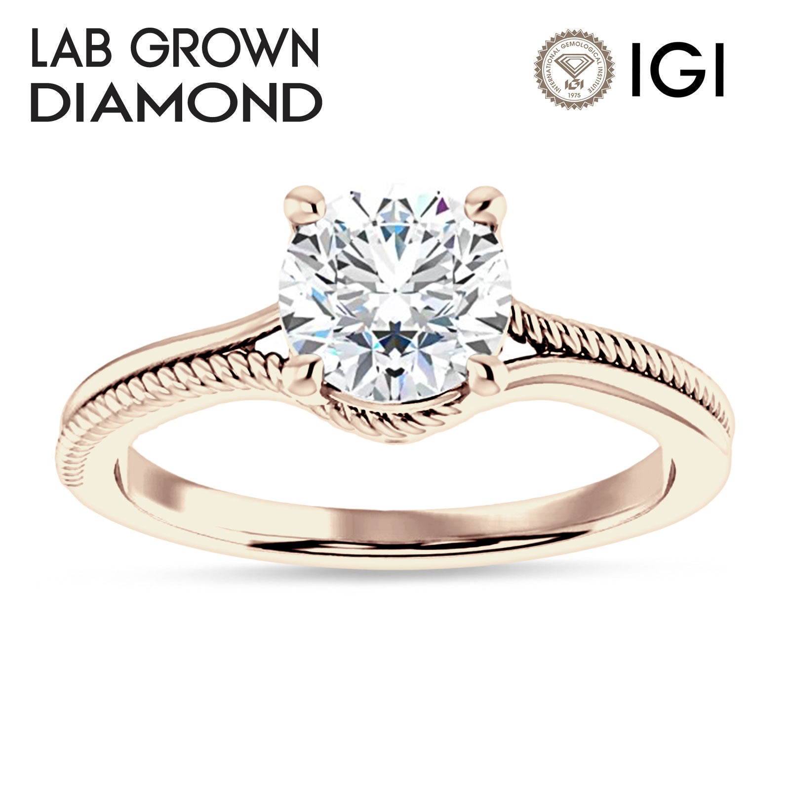 18K Gold IGI Certified Round 3 Carat Lab Grown Diamond Twisted Solitaire Ring