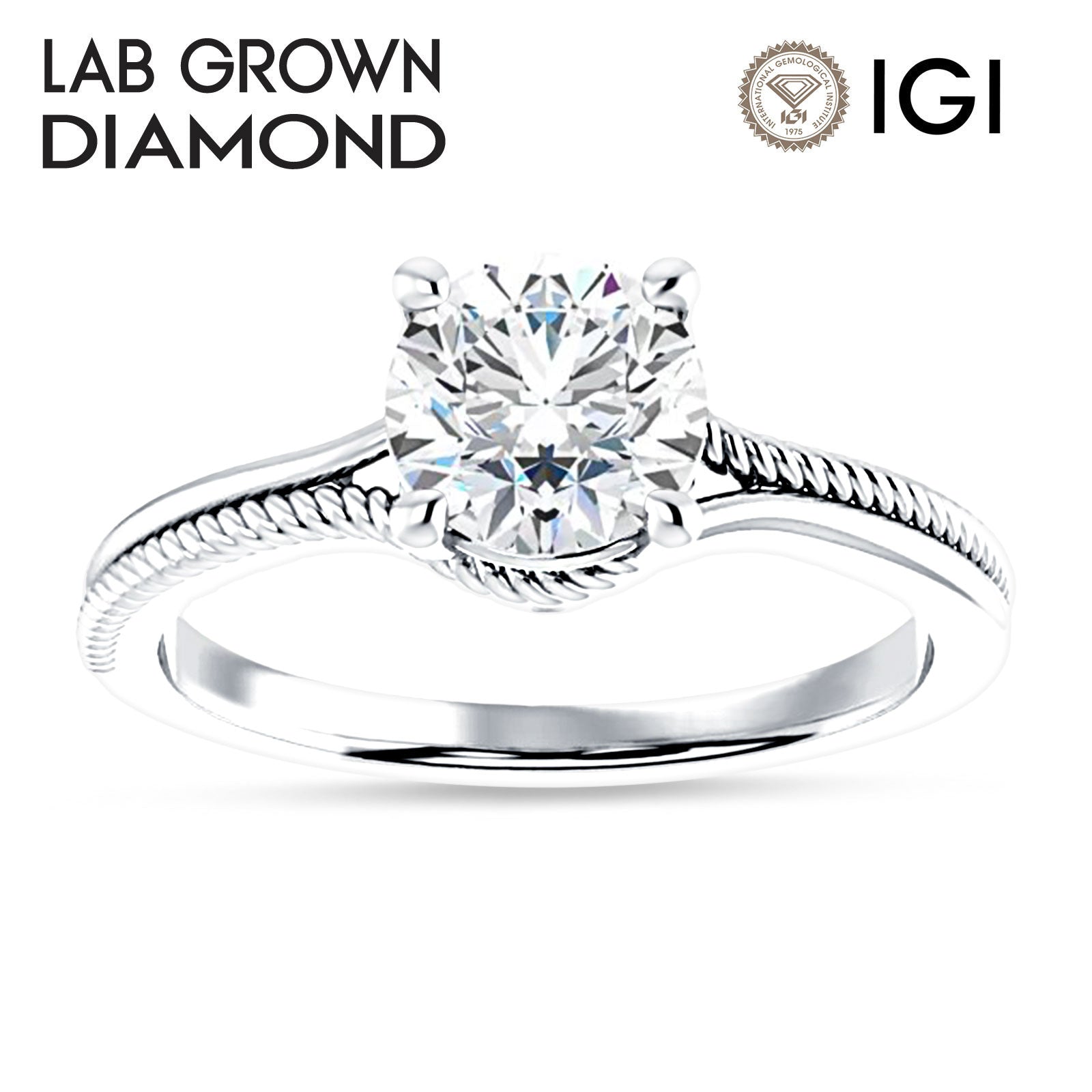 18K Gold IGI Certified Round 1 Carat Lab Grown Diamond Twisted Solitaire Ring