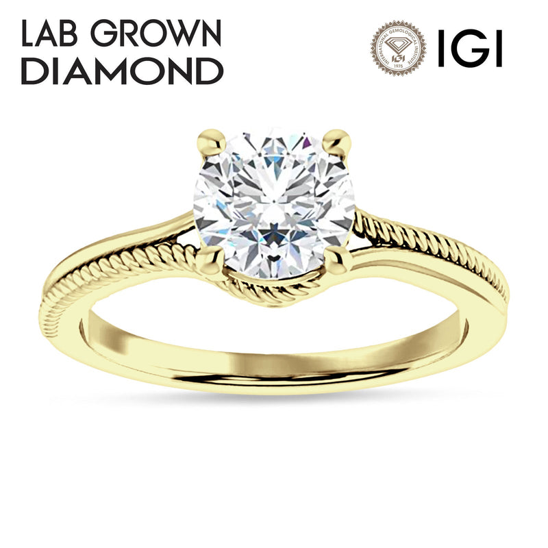 14K Gold IGI Certified Round 2 Carat Lab Grown Diamond Twisted Solitaire Ring