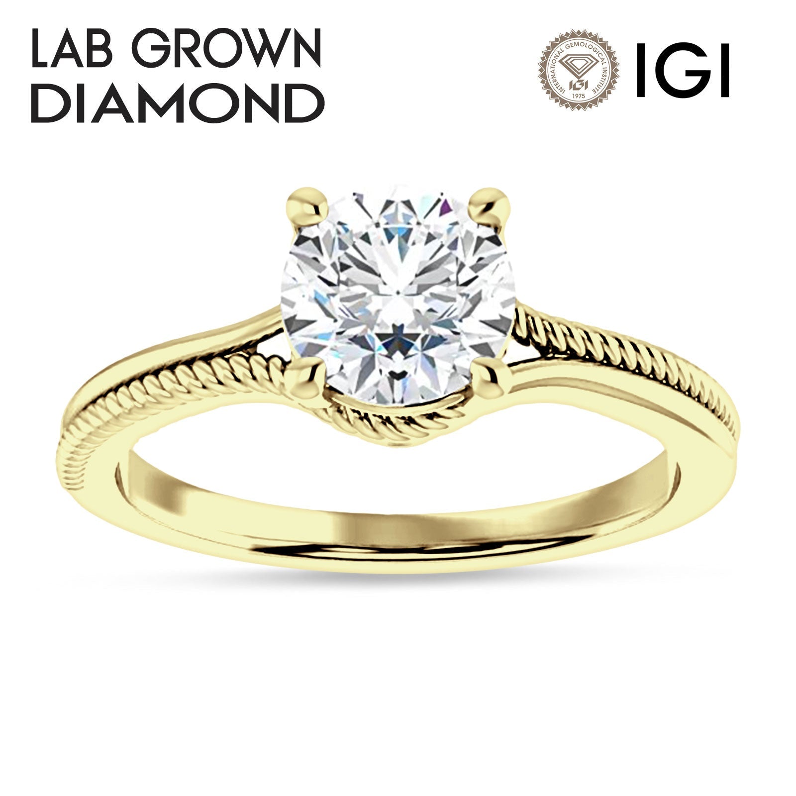 18K Gold IGI Certified Round 2 Carat Lab Grown Diamond Twisted Solitaire Ring