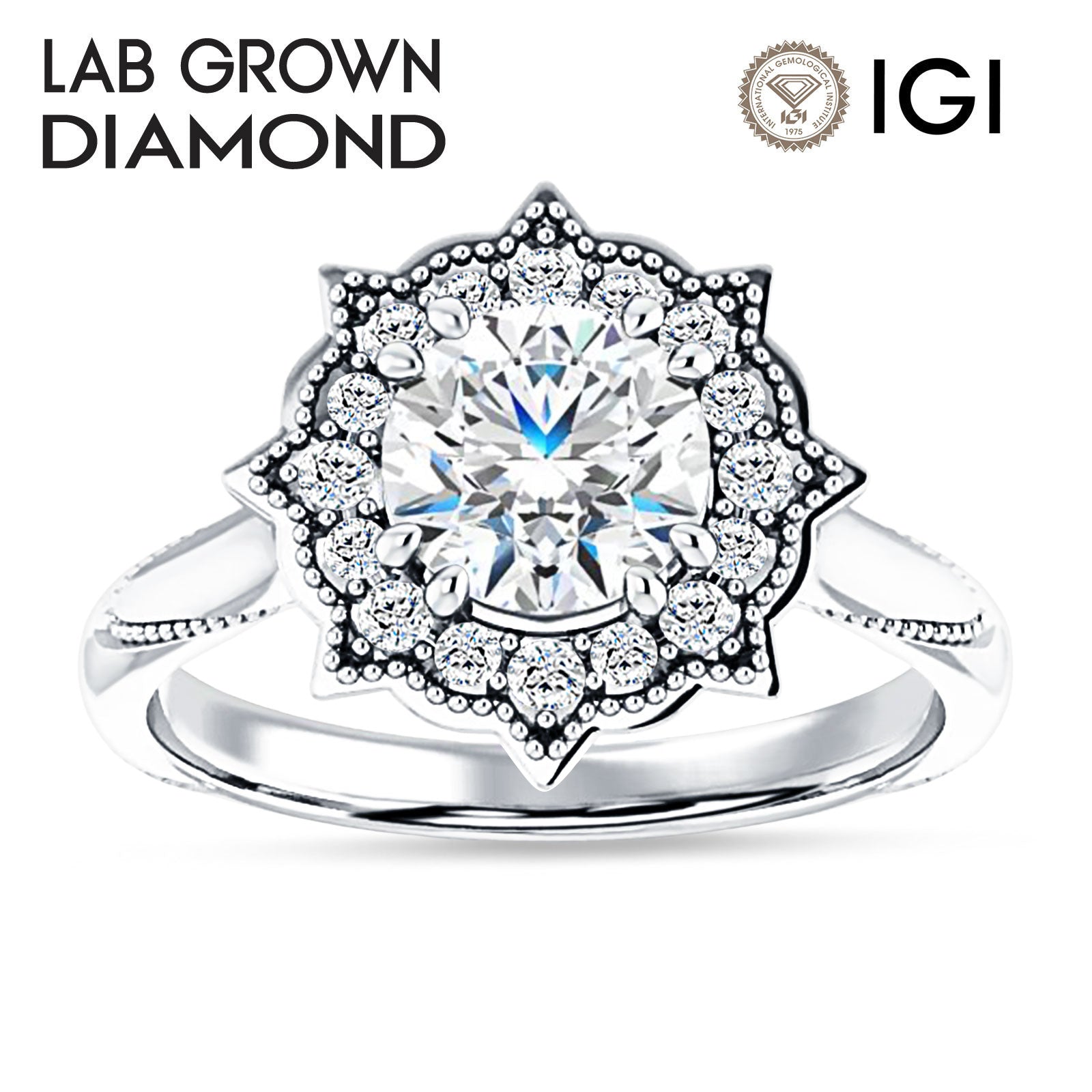 18K Gold IGI Certified Round 3 Carat Lab Grown Diamond Art Deco Floral Ring