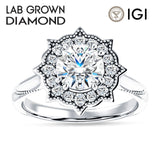18K Gold IGI Certified Round 3 Carat Lab Grown Diamond Art Deco Floral Ring