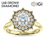 14K Gold IGI Certified Round 3 Carat Lab Grown Diamond Art Deco Floral Ring