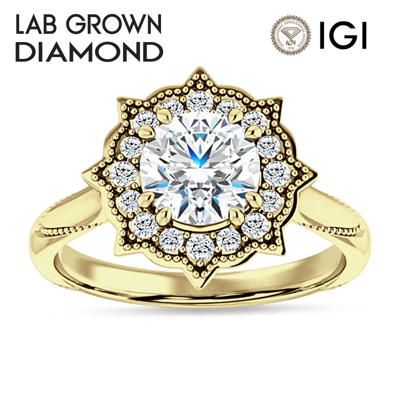 18K Gold IGI Certified Round 3 Carat Lab Grown Diamond Art Deco Floral Ring