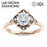 18K Gold IGI Certified Round 3 Carat Lab Grown Diamond Art Deco Floral Beaded Ring